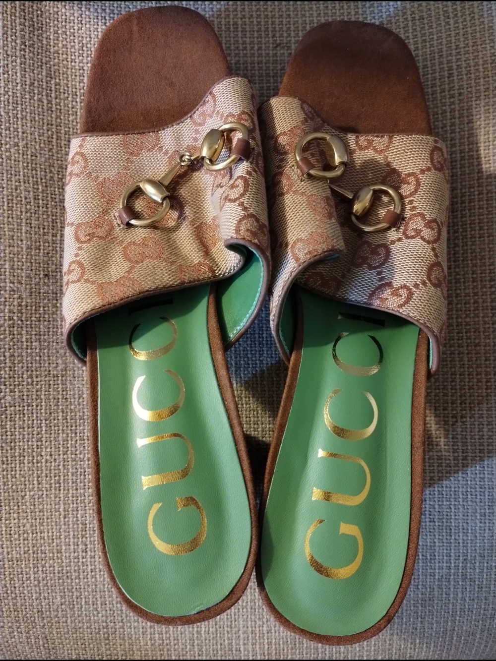 Gucci Beige Canvas Logo Slide Sandals with Gold Horsebit & Green Insole Size 41